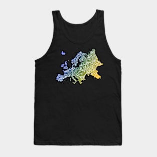 Colorful mandala art map of Europe with text in blue and yellow Tank Top